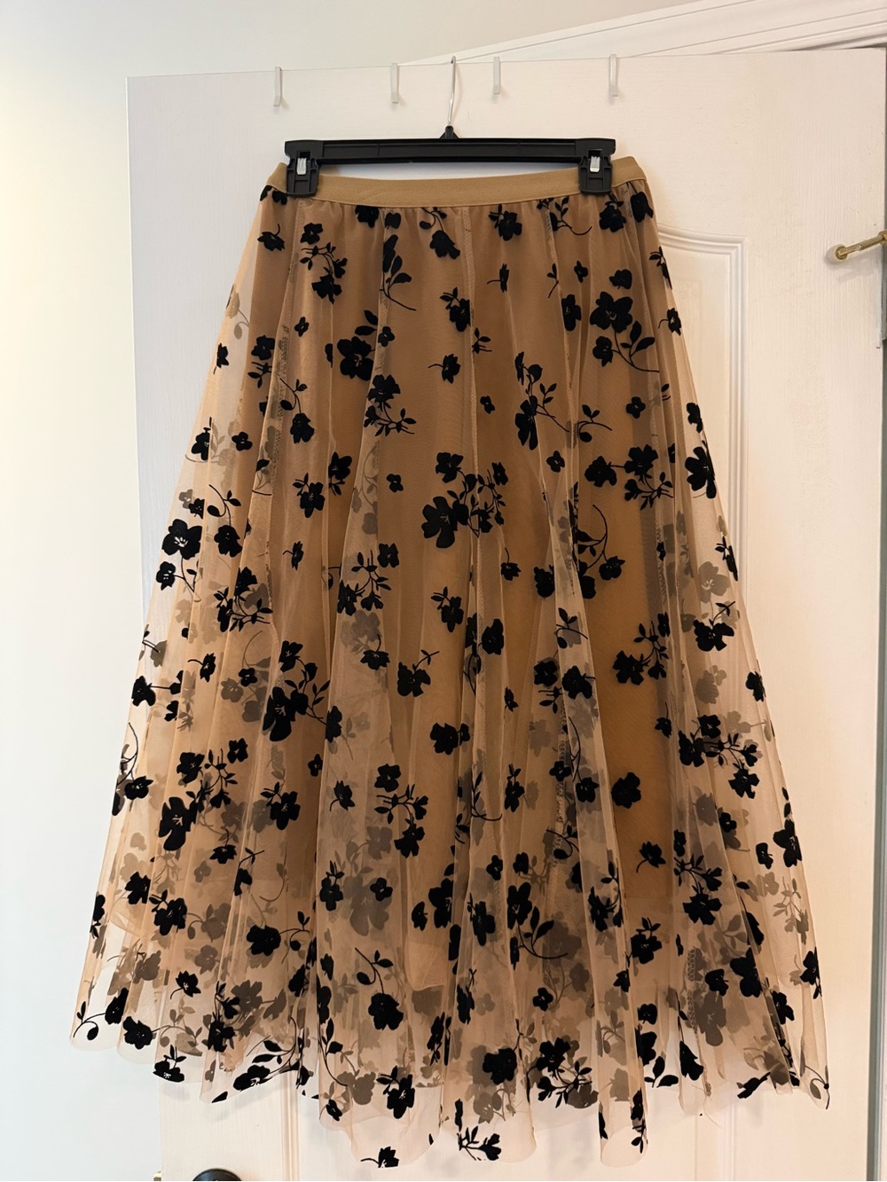 Wish Black Floral Flocked Maxi Skirt on Tan Sheer Base - Picture 2 of 3